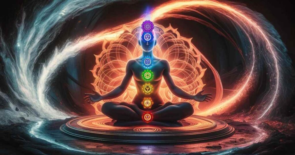 Silhueta humana em posição de lótus, irradiando energia pelos sete chakras. Representação visual da potência dos vórtices de energia.