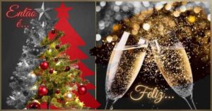 Boas Festas - NataI e Ano Novo representados pela árvore de natal e por taças brindando. As duas imagens metade branco e preto e metade colorida.