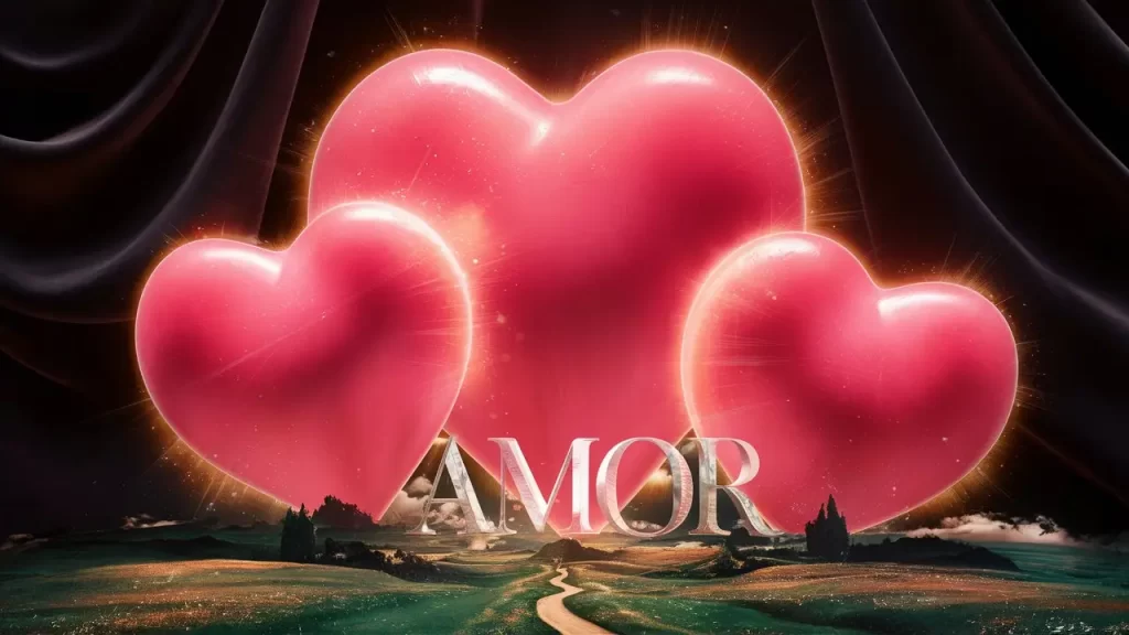 Três corações: um maior no meio e dois menores ao lado, com a palavra "AMOR".